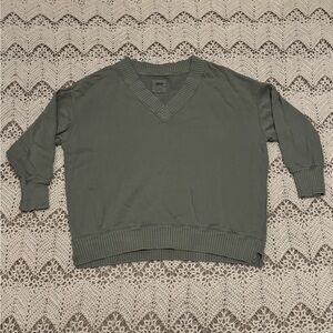 Aerie Olive V-Neck Oversized Sweater Distressed Collar Side Slits Comfortable
